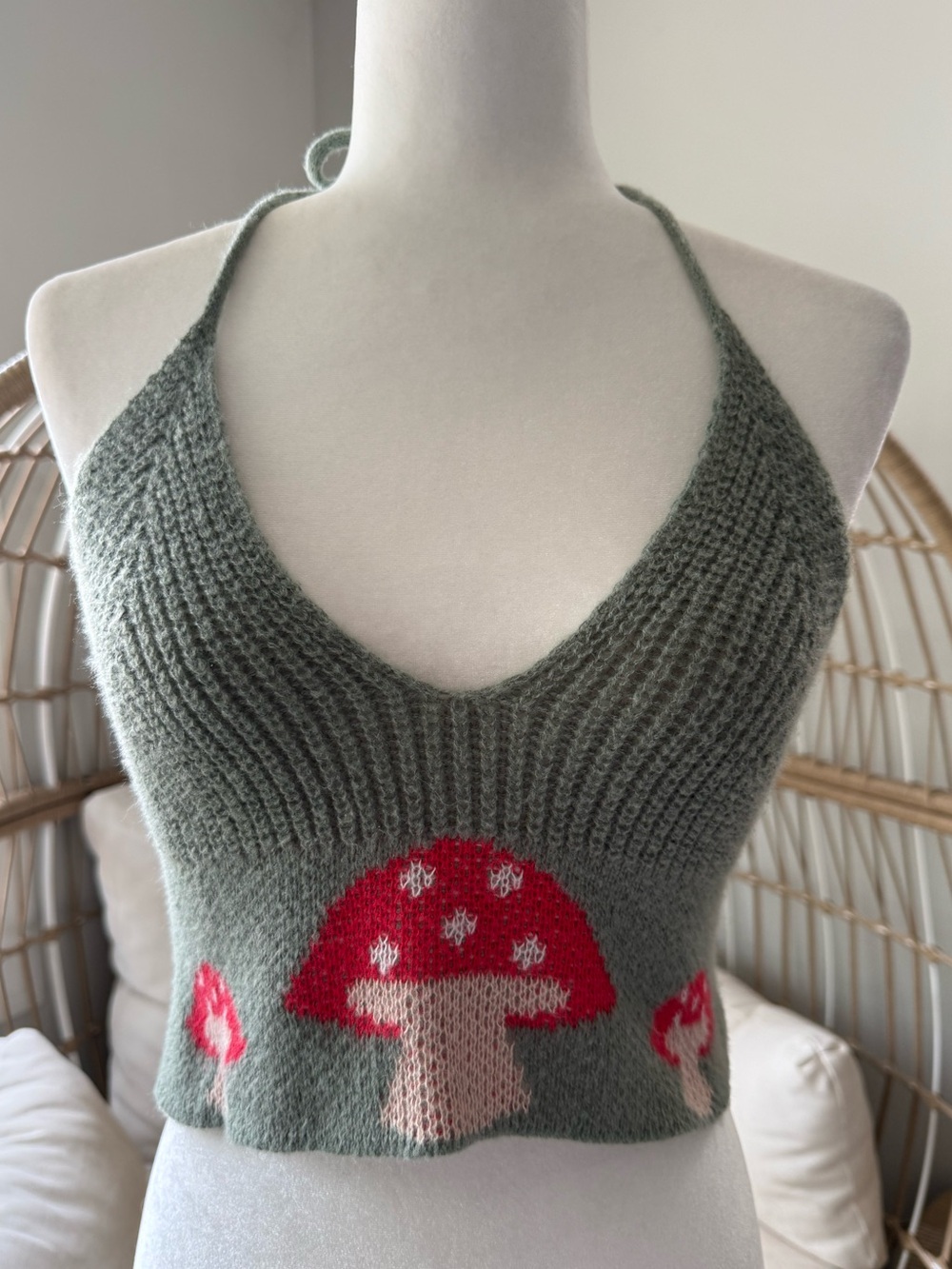 Knit Mushroom Halter Top Fairycore Cottagecore Cropped Sweater Tank